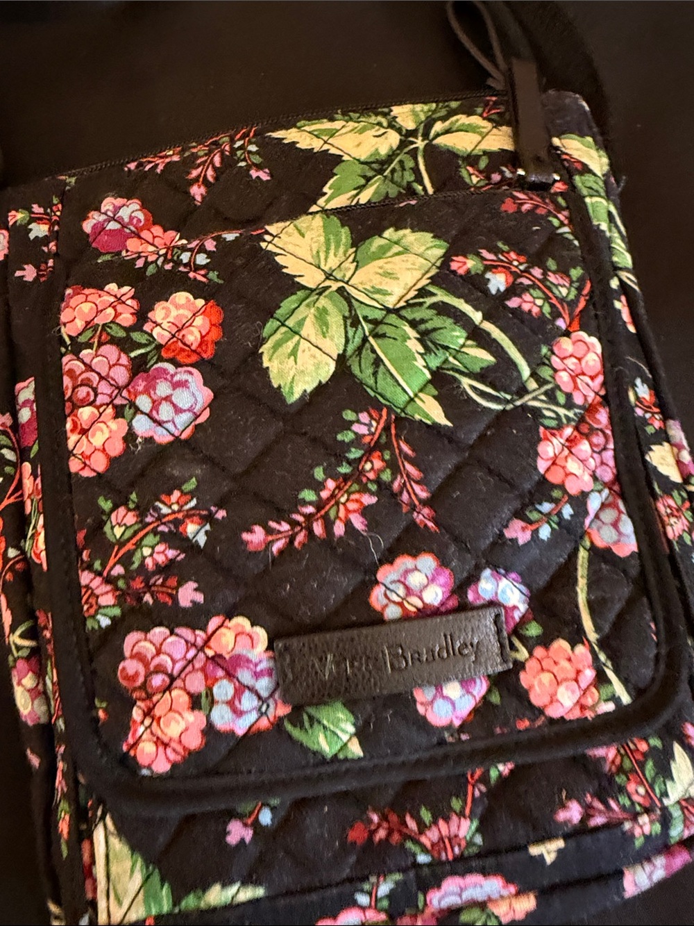Vera Bradley Black Quilted Crossbody with Pink & Green Floral Print